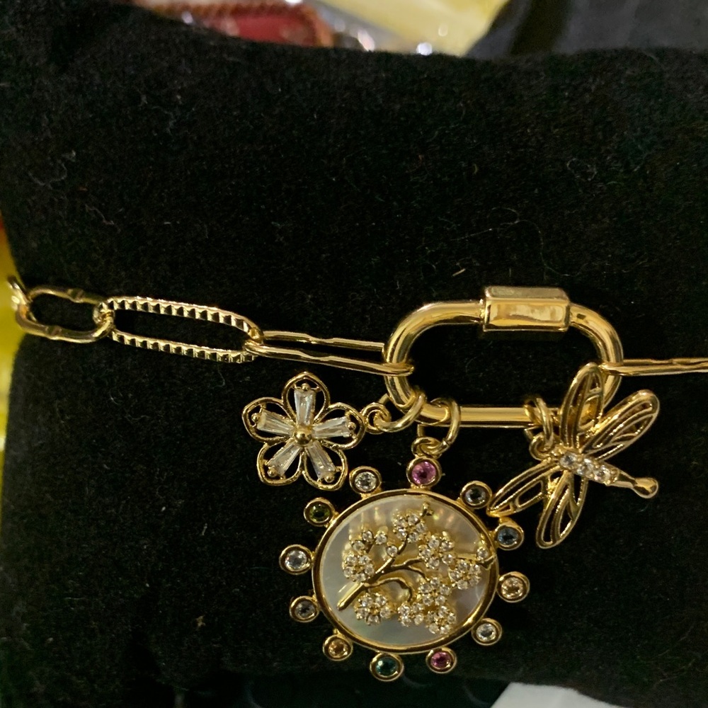 Kohl’s Gold Tone CZ Flower, Mother Of Flower Charm Bracelet with Dragonfly